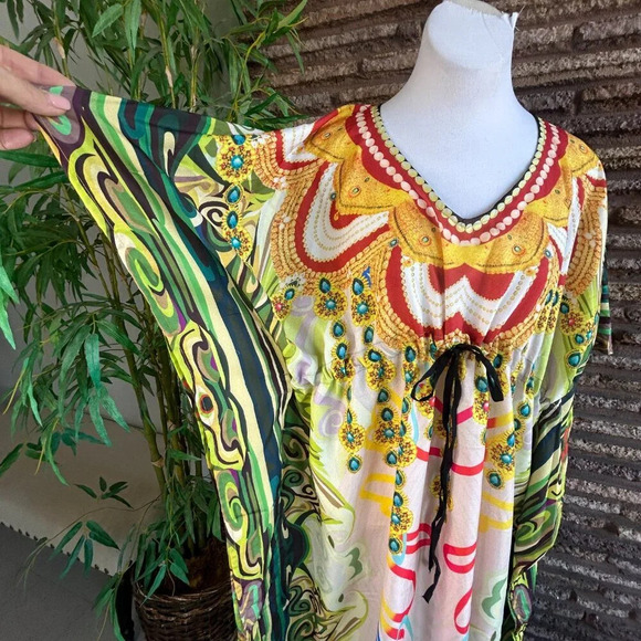 Tamsy Colorful Graphic Print Caftan Beach Cover up Drawstring Front  One Size - Picture 7 of 9